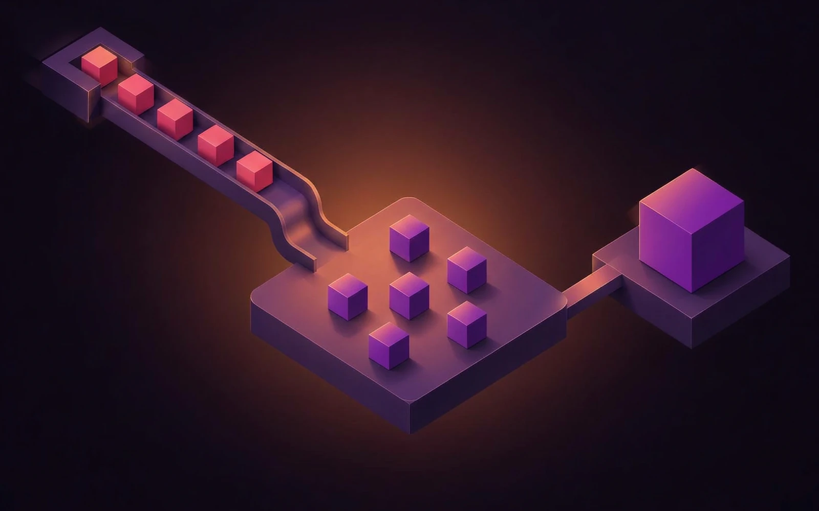 Isometric illustration: twelve cubes, five coming in through one channel.