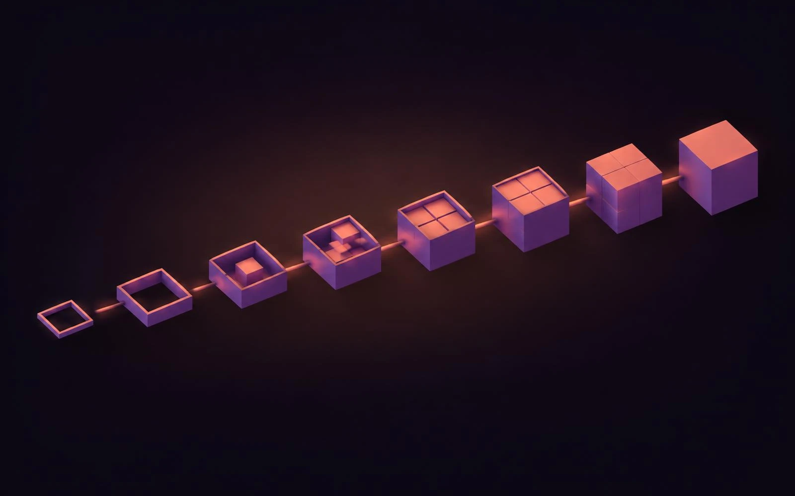 Isometric illustration: a chain of eight blocks with the first almost empty.